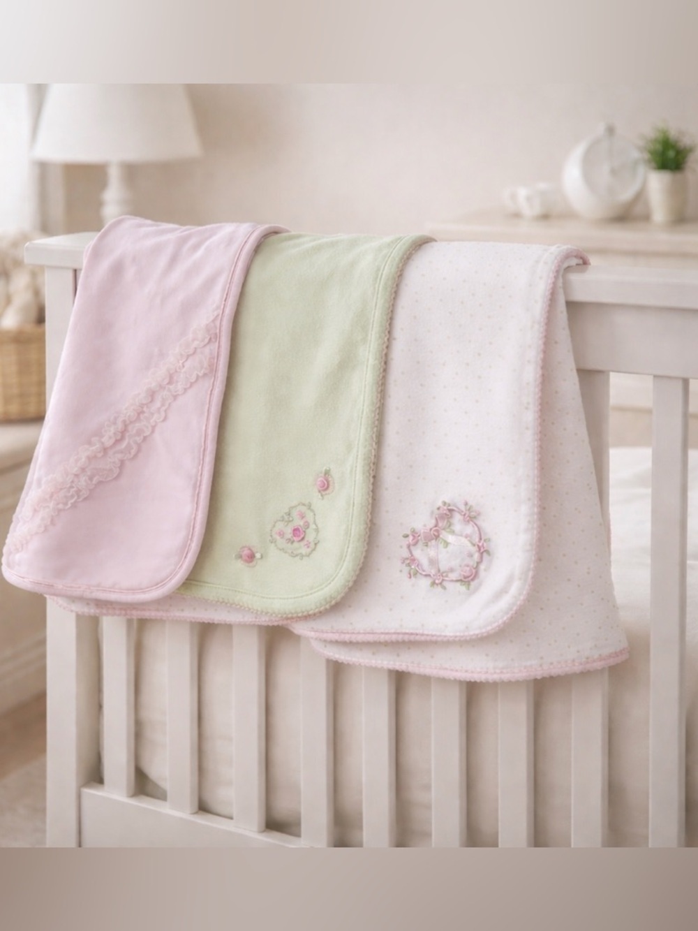 3pc Baby Blanket Set Pink Green White Embroidered Cotton Nursery Vitamins